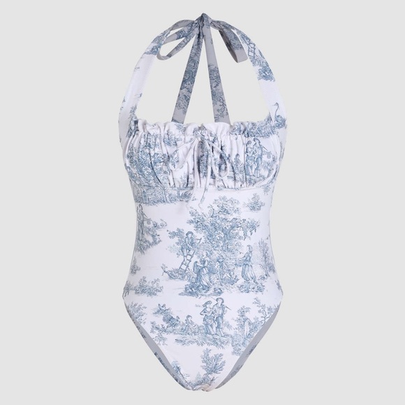 Cider Other - Cider Toile Print one piece swimsuit halter bow ruched de jouy grandmillenial